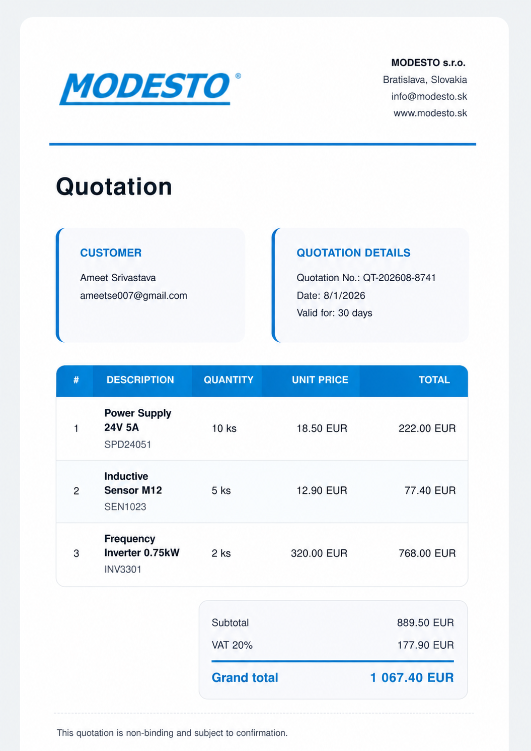 Sample Quotation